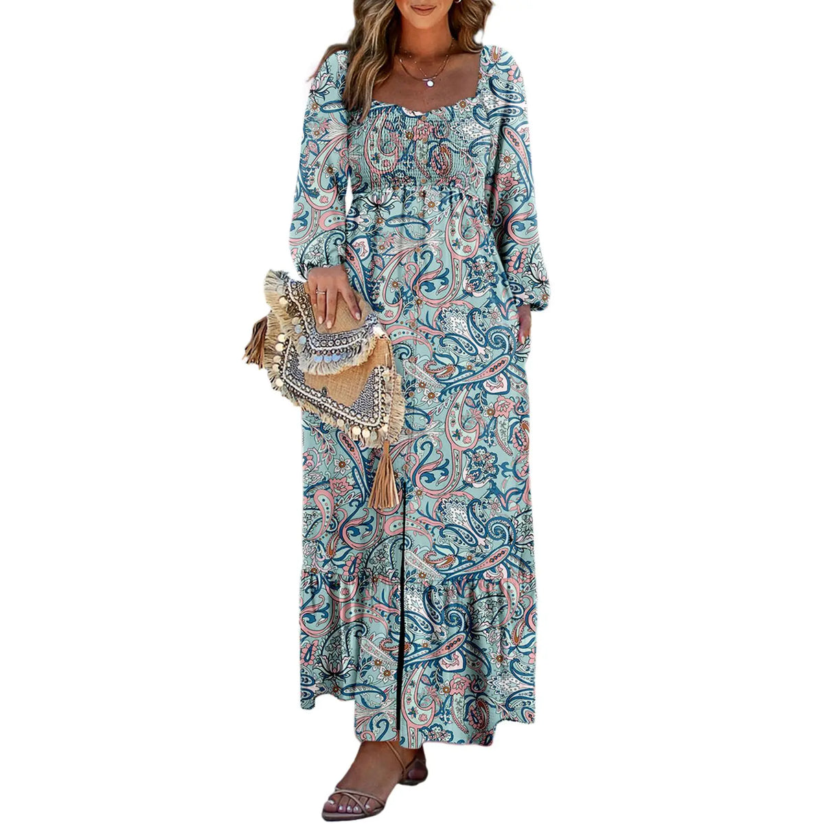 Dokotoo Womens Dresses Boho Floral Smocked Empire Waist Square Neck Long Sleeve Button Maxi Dress Beach Vacation Sundresses