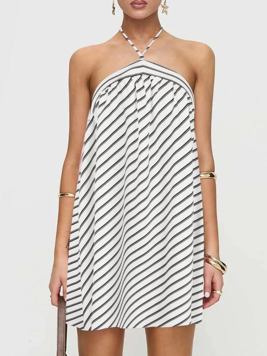 Women's Striped Print Halter Neck Dress, Casual Sleeveless Short Dress for Summer, Ladies Clothes for Daily Wear, Beach Summer Dress