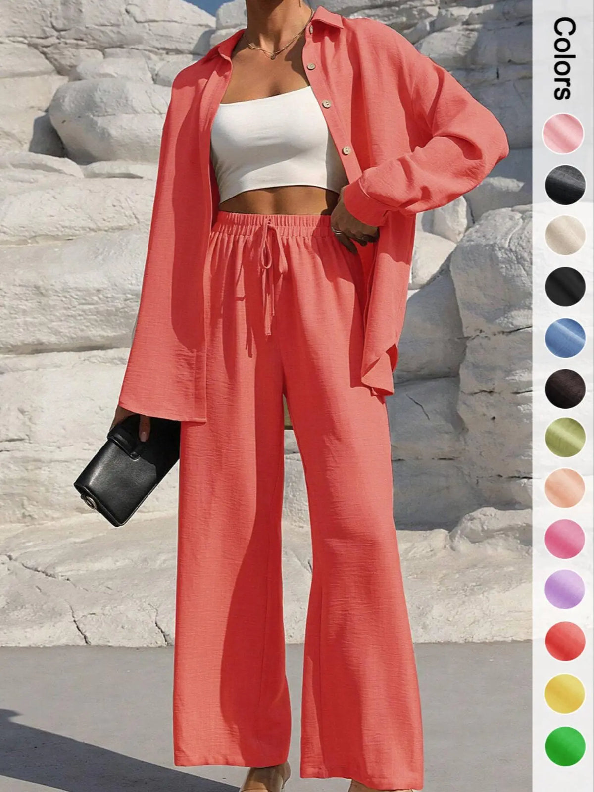 Women's Solid Button Front Shirt & Tie Front Wide Leg Pants Two-piece Set, Casual Drop Shoulder Long Sleeve Top & Trousers 2 Piece Set for Spring & Fall, Women's Clothes for Daily Wear, Casual Outfits Women, Casual Everyday Set