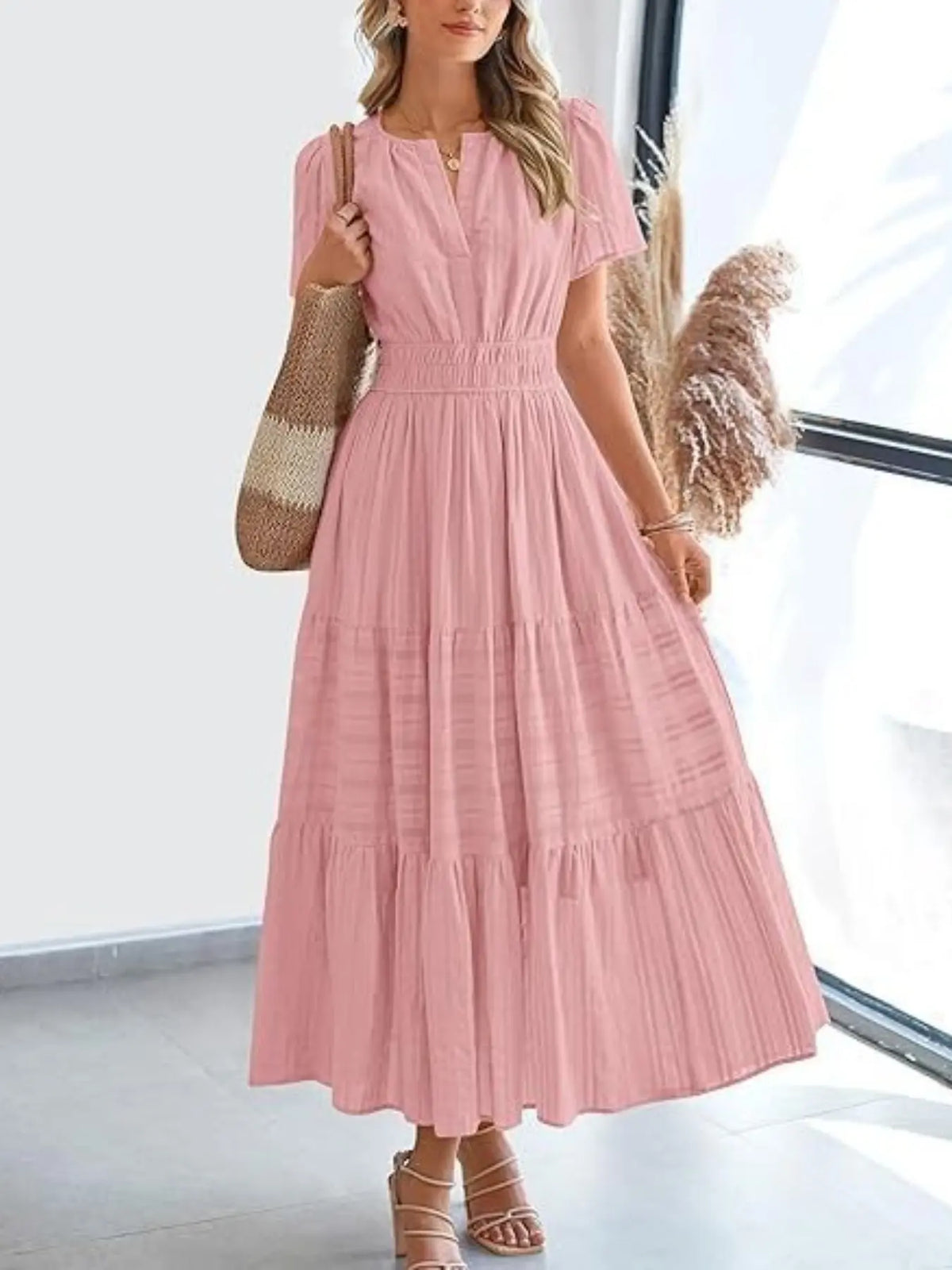 Women's Summer Solid Color Casual Long Dress, Lightweight Short Sleeve V-Neck Bohemian Style with Lining, Comfortable, Chic, Stylish and Elegant, Bohemian Aesthetic