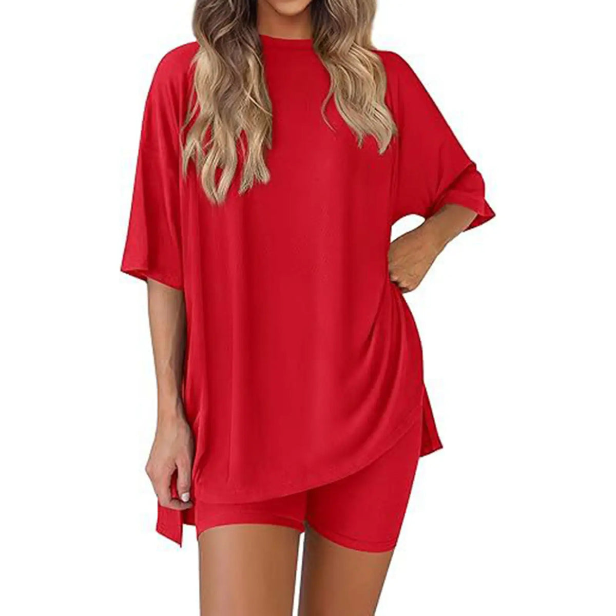 Women's 2-Piece Pajama Set, Loose-Fit Short Sleeve Crew Neck Top and Fitted Biker Shorts, Solid Color Polyester Spandex Loungewear