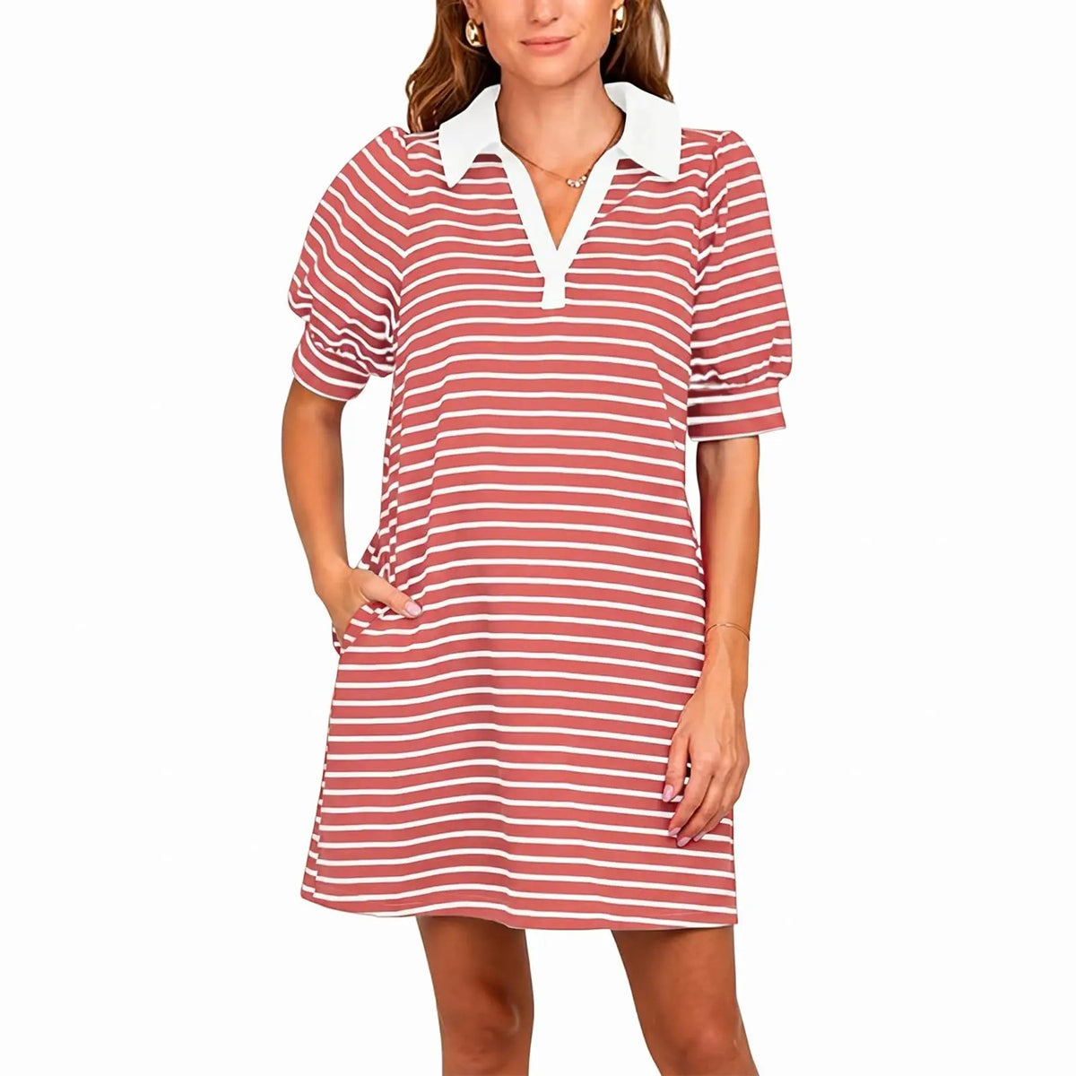 Imily Bela Women's Summer Lapel Collared V Neck Striped Dress Casual Puff Short Sleeve Polo Tshirt Dresses with Pockets