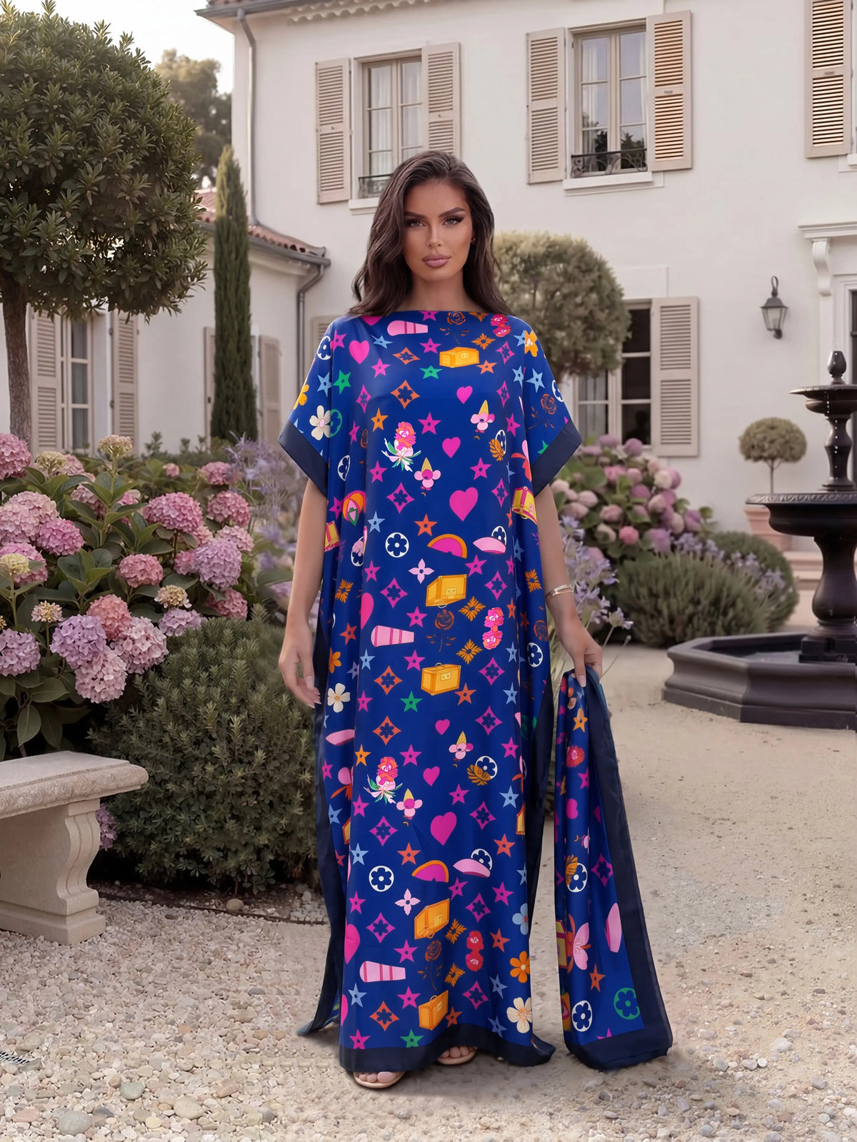 Fashionable Elegant Full-Body Print Robe Set, Moo Moo Long Dress + Headscarf Scarf, Women's Beach Sun Protection Silk Shawl, Beachy Style