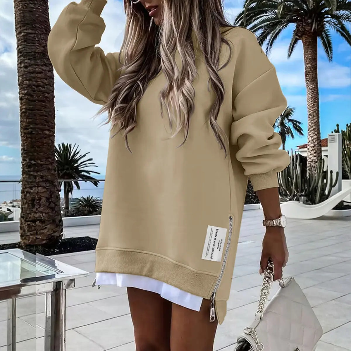 CHICME 2026 Women's Oversized Fall Long Sleeve Pullover Sweatshirt Zipper Slit Casual Dress Drop Shoulder Outfits