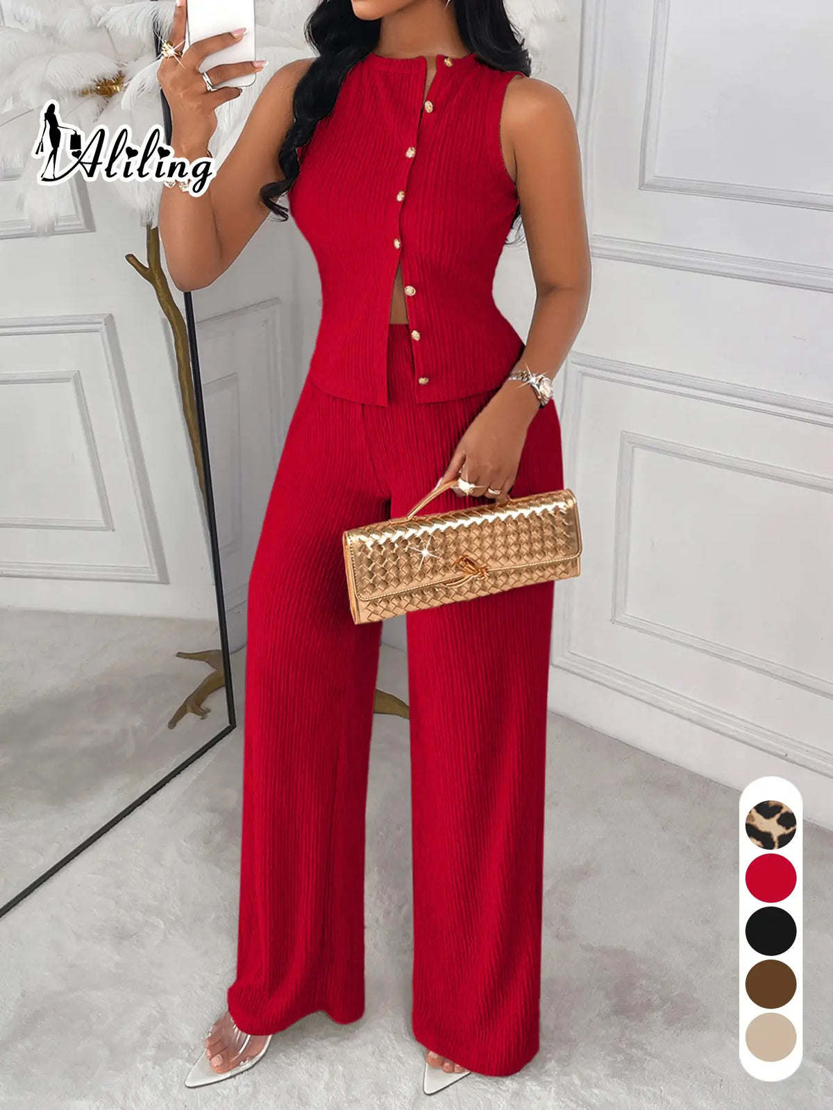 Women's Casual Minimalist Round Neck Studs Sleeveless Top and High Waist Wide-Leg Pants Two-Piece Set for Spring and Summer, Casual Streetwear Set, Plain Outfit, Outfits Set, Suits, Womenswear, Clothes