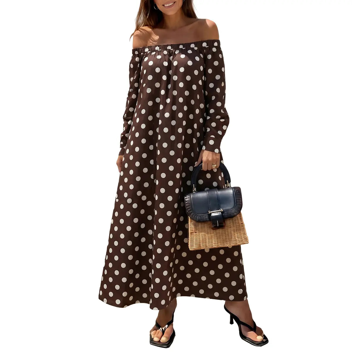 Florboom Women's Off Shoulder  Polka Dot Maxi Dress, Summer Causual Dress with Pockets for Vacation, Parties, and Beach,Summervibes Womenswear
