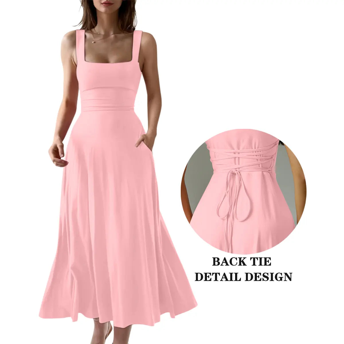 OYS Women's Casual Sleeveless Square Neck A-Line Solid Slim Flowy Long Dress with Pockets & Back Tie Detail Design