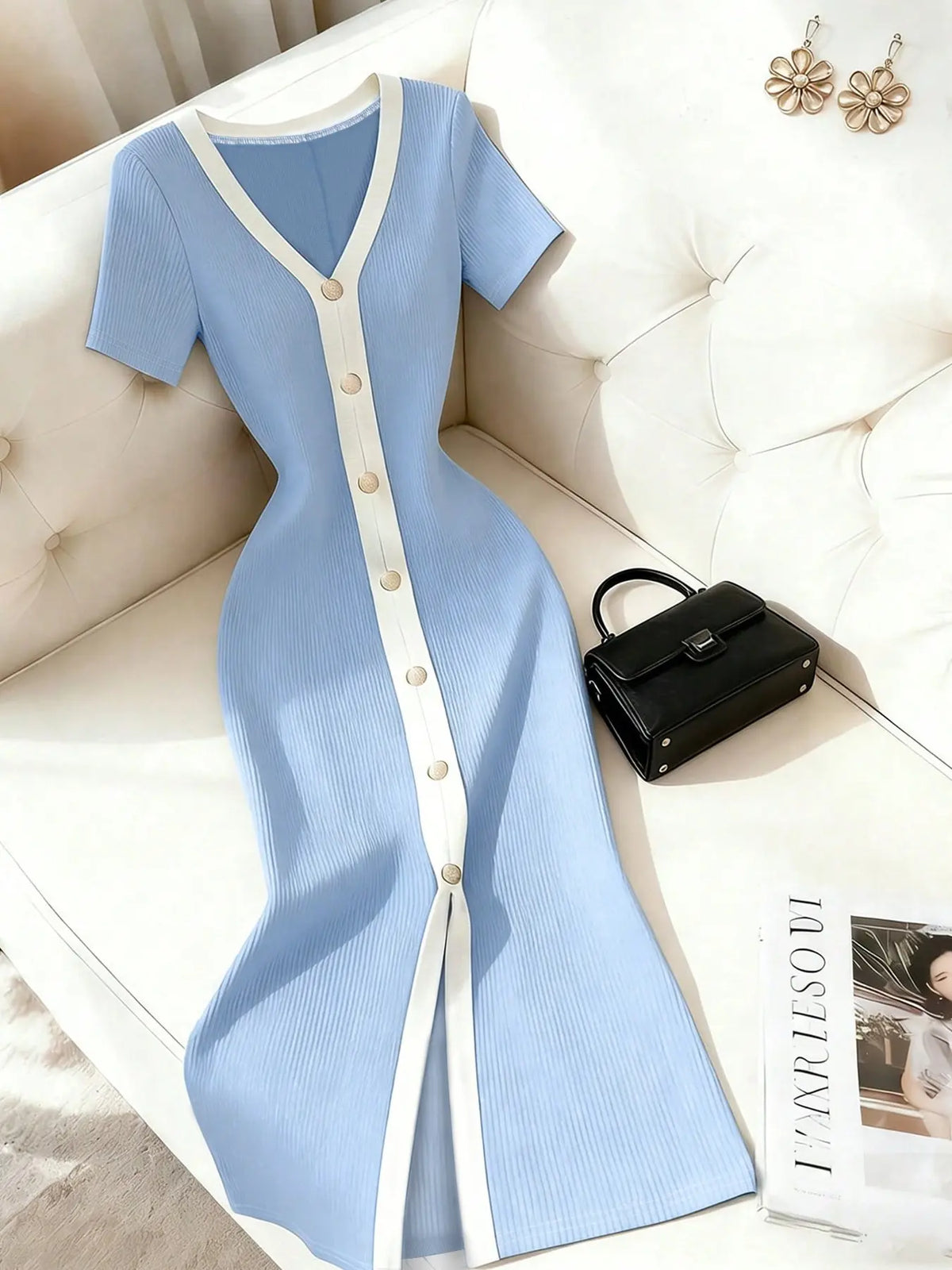 Elegant Knit Dress, Chic, Knitted, Short Sleeve Long Dress, Solid Color, Slim Fit, High Waist, French Style, Casual Wear, Office Wear, Date Night, Tea Time, Pear Shape