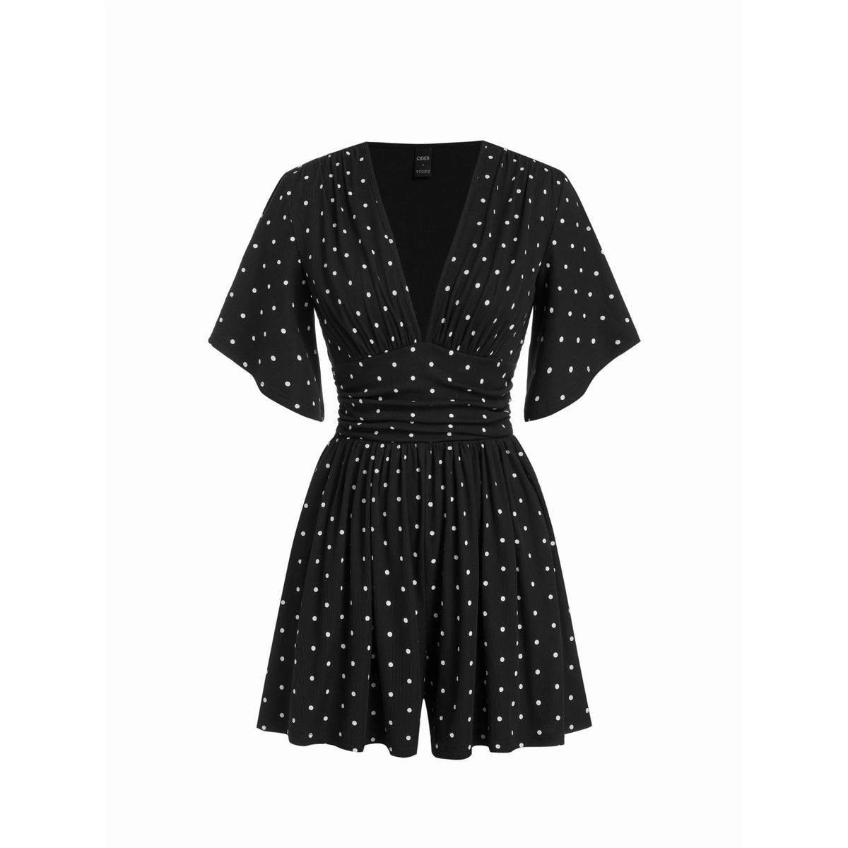 Cider Textured V-neck Ruched Mid Rise Bell Sleeve Ribbed Fabric Romper with Pockets Womenswear Basic Minimalist Jumpsuit