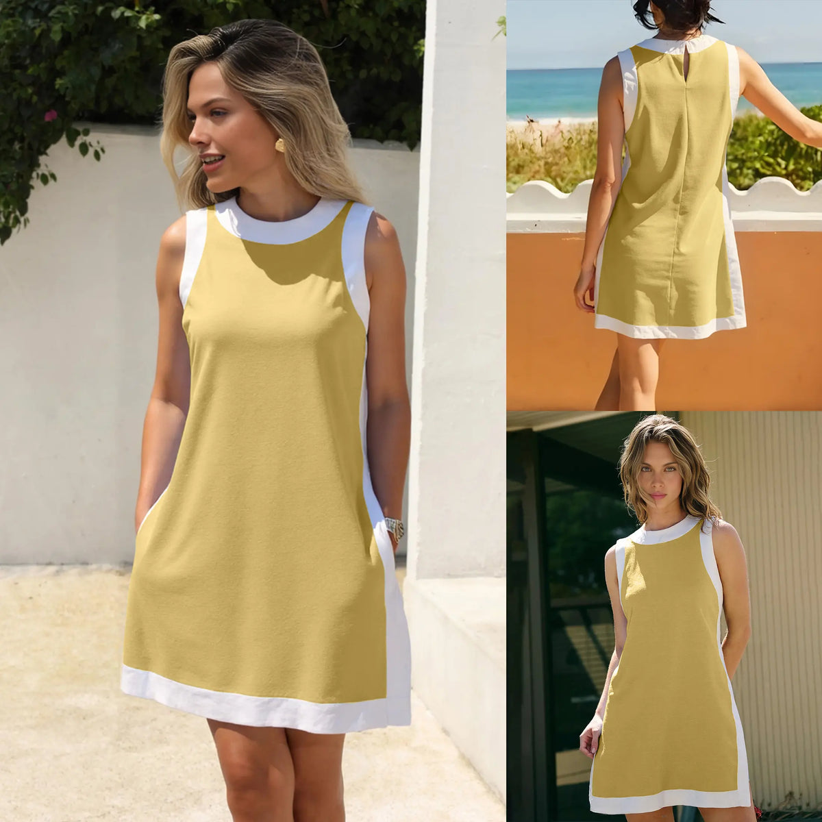 SCUSTY Women's Casual Summervibes Two Piece Sets Color Block Crewneck Sleeveless Pullover Tops Matching Shorts With Pockets 4th of July Independence Day Outfit