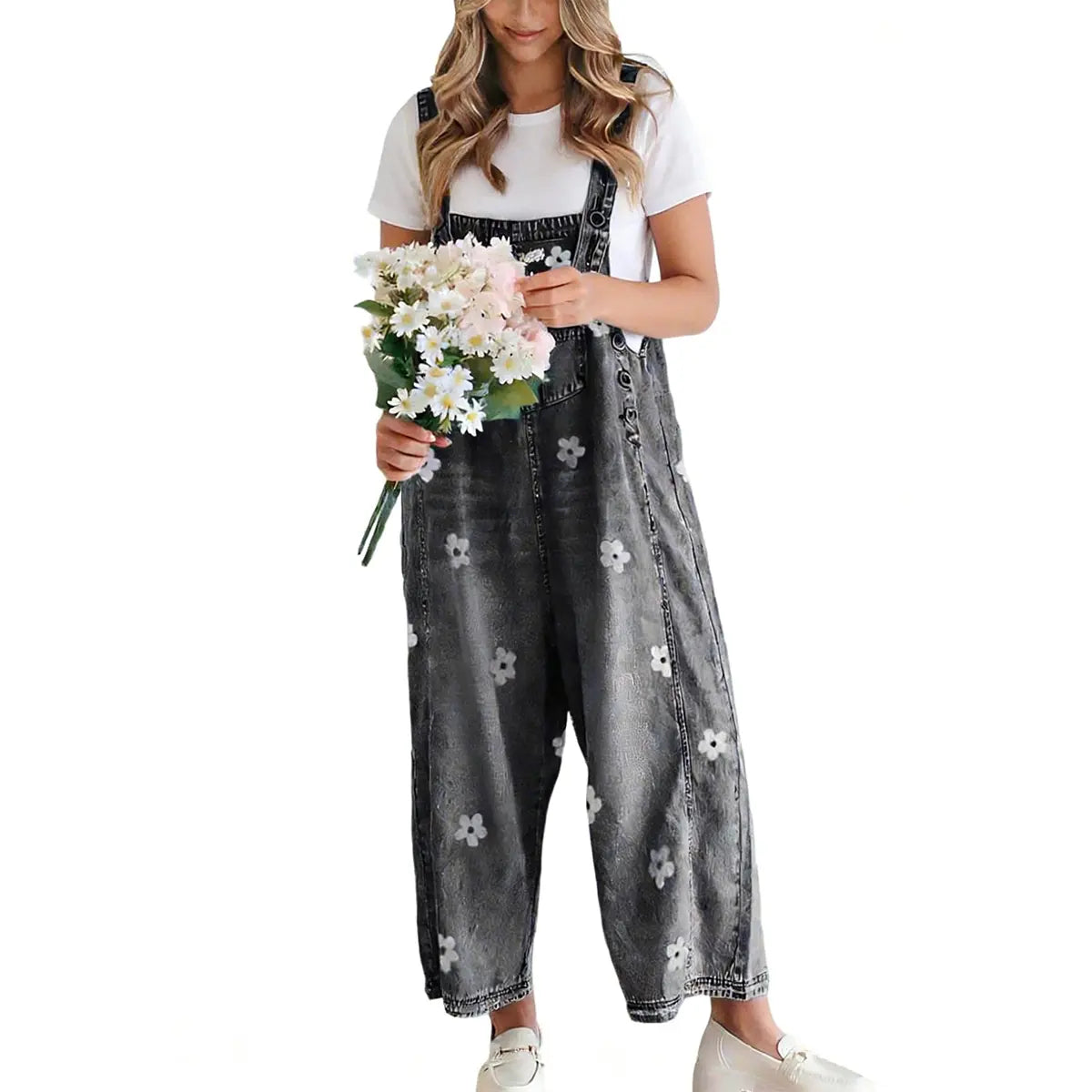 utcoco Women's Cotton Bib Overalls - Cute Floral Print Denim Jumpsuit with Baggy Wide Leg, Adjustable Straps, Vibe Fashion Apparel, Women's Fashion Back to School Clothes