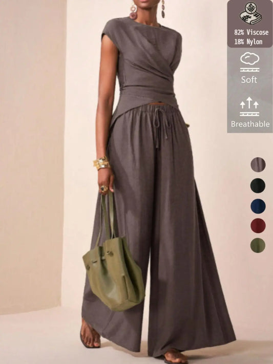 Women's Viscose Material Waist Cinched Sleeveless Blouse, Casual Minimalist Loose Long Pants Set, All Seasons Fashion Style, Pants Top Set