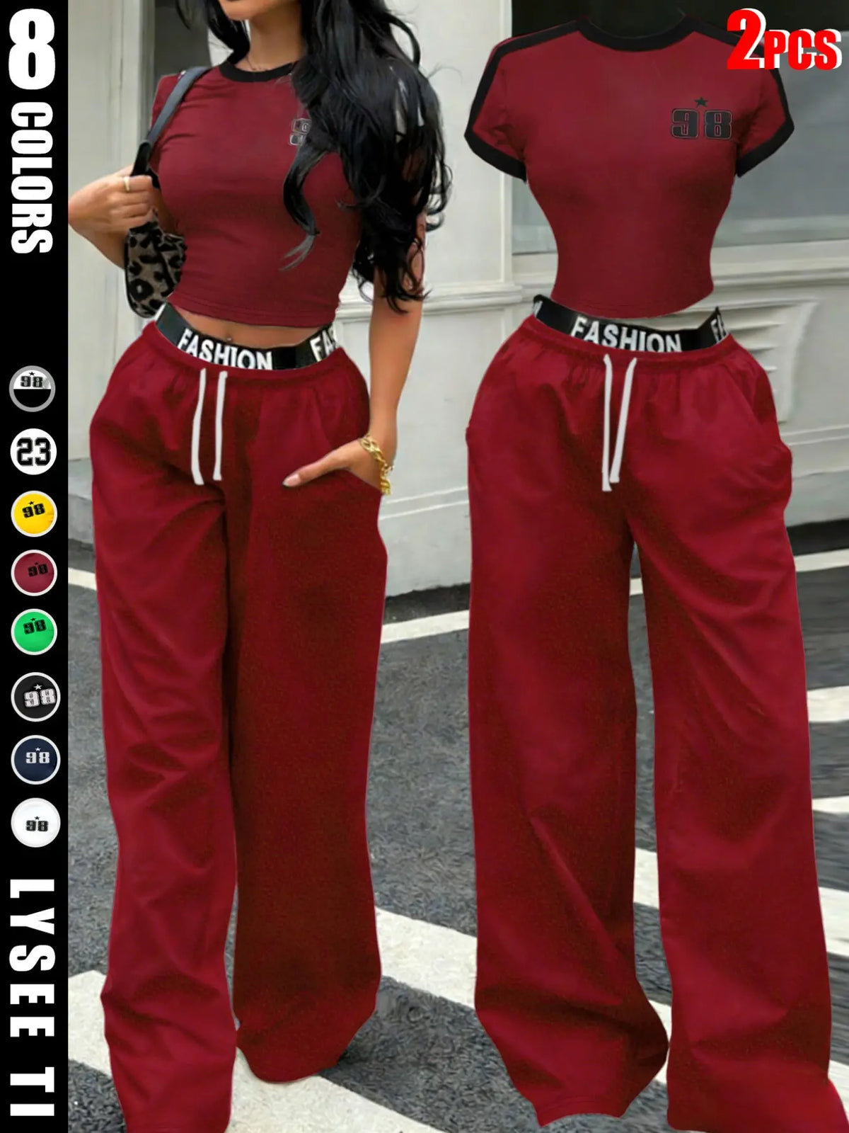 European and American spicy girl chic style black and white contrasting striped short crop top+letter waist wide leg pants women's two-piece set, Outfit, Clothes