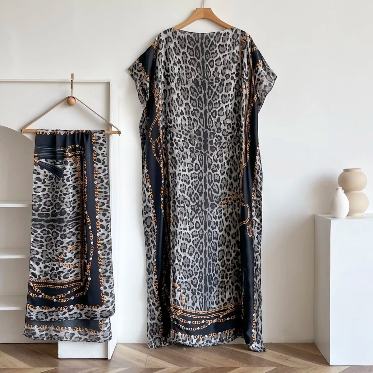 Women's 2-Piece Essential Bohemian Robe Set - Casual Matching Floral Print Long Dress, Headscarf Hairband, Beach Shawl Accessory, All-Season Boho Elegance