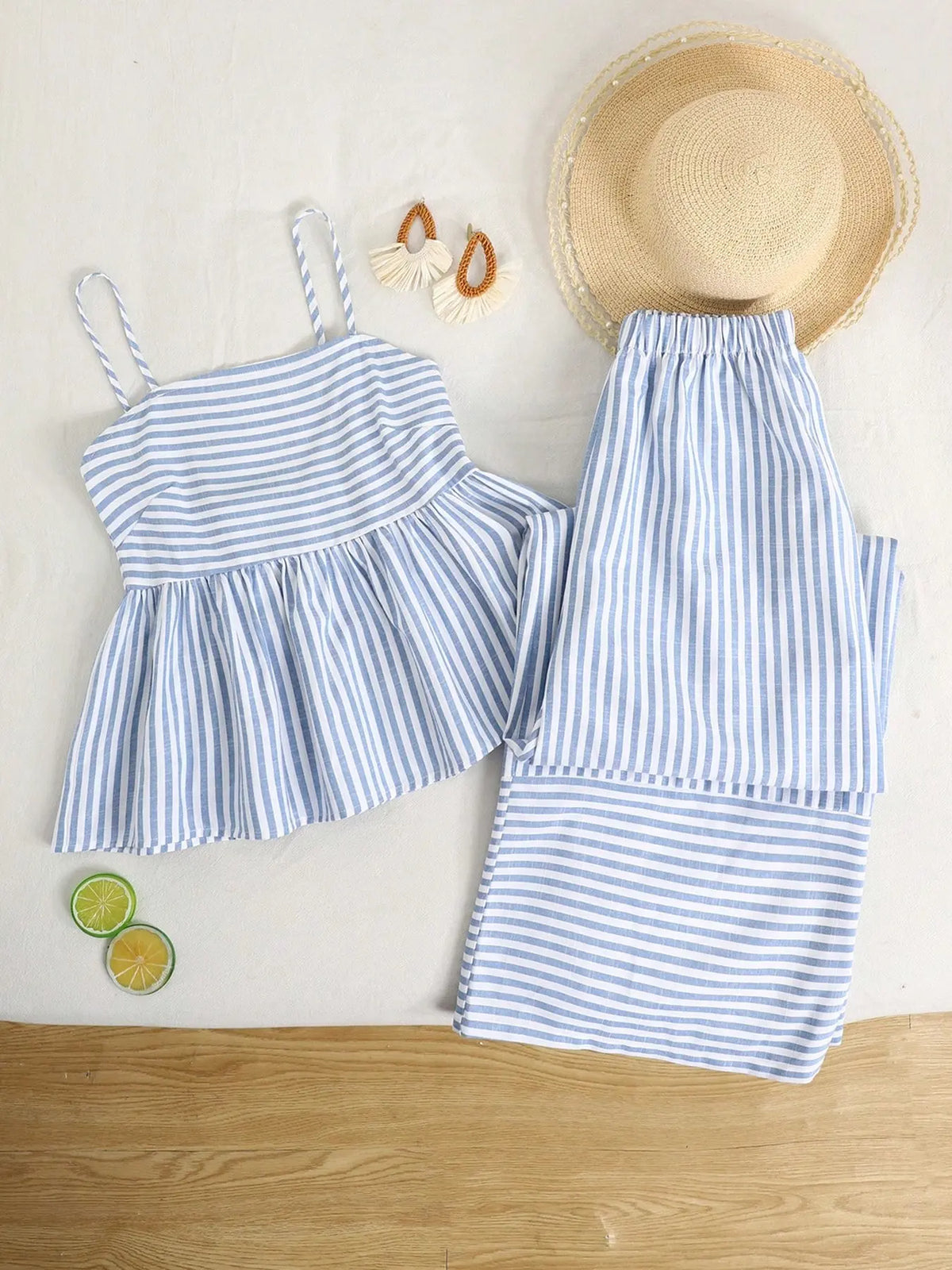 2 Piece Summer Blue Striped Set Tank Top + Wide Leg Pants, Casual Vacation, summer matching sets, College Style Two-Piece Set, Loose-Fitting Pants Set Outfit