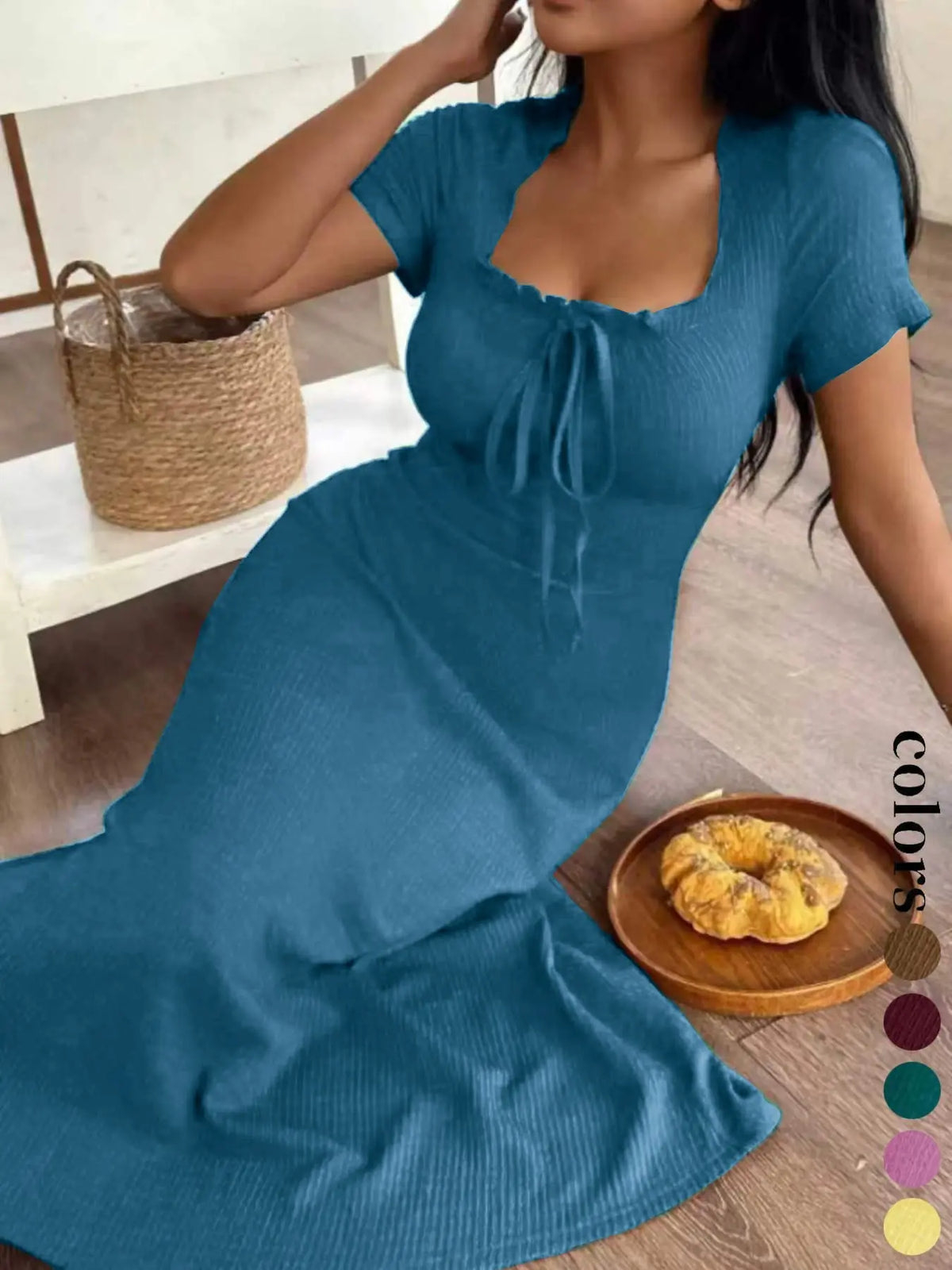 Women's Casual Long Dress Ruched, Slim Fit Short Sleeves Square Neckline Plain Design Basic Summer Dresses, Perfect for Daily Wear & Stylish, Ideal Gift Choice Womenswear Lady, Piece