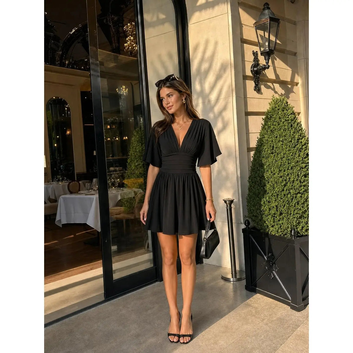 Cider Textured V-neck Ruched Mid Rise Bell Sleeve Ribbed Fabric Romper with Pockets Womenswear Basic Minimalist Jumpsuit