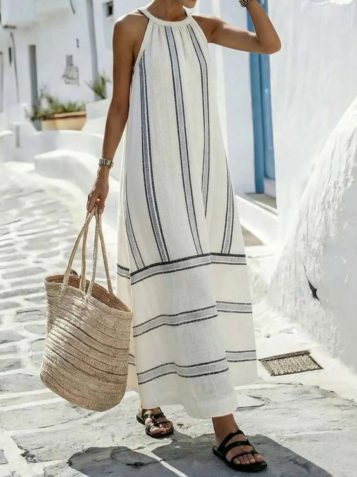 Women's Summer Casual Vacation Sleeveless Round Neck Halter Dress, Boho Beach Dress, Loose-Fitting Striped Print, Unlined, Bohemian Style Dress, Boho Dresses