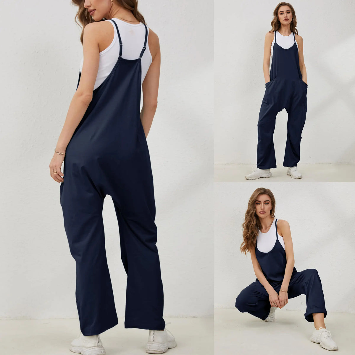 Tanming Lady's Casual Strappy V-Neck Sleeveless Harem Overalls - Stretchy Adjustable Strap Romper with Pockets, Fashion Apparel Clothing for Women, Spring-Summer Statements, Women's Clothes, Clothes For Women