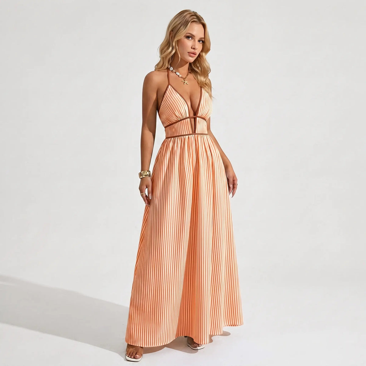 Katch Me Chic Women's Elegant Pinstripe Deep V Neckline Adjustable Halter Maxi Dress,  Summer Lightweight Dresses for Beach Holiday, Comfort Women's Clothing Vneck