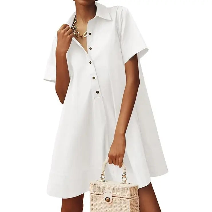 Wenrine Women's Button Down Shirt Dress Oversized Casual Short Sleeve Collared V Neck Party Flowy Summer Mini Dresses Womenswear Soft