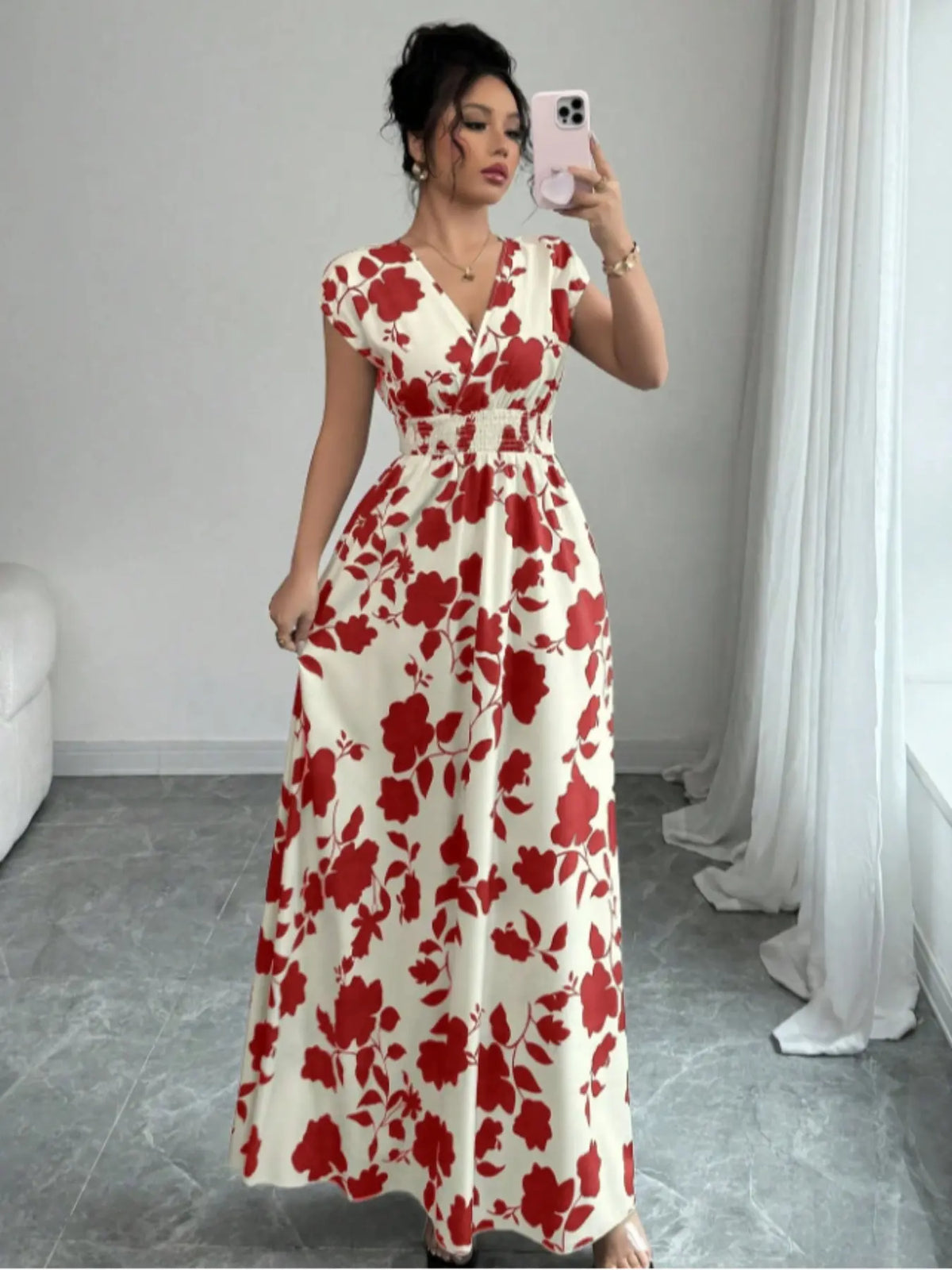 Elegant Women's Summer Dress, Womenswear, V Neck Fitted A-Line Batwing Sleeve, Floral Print, Leaf, Casual Boho Sundress, Casual Fashion Style, Perfect for Daily Wear & Special Occasions, Chic Dress, Boho Casual Comfy, Bohemian Aesthetic Summer Dress