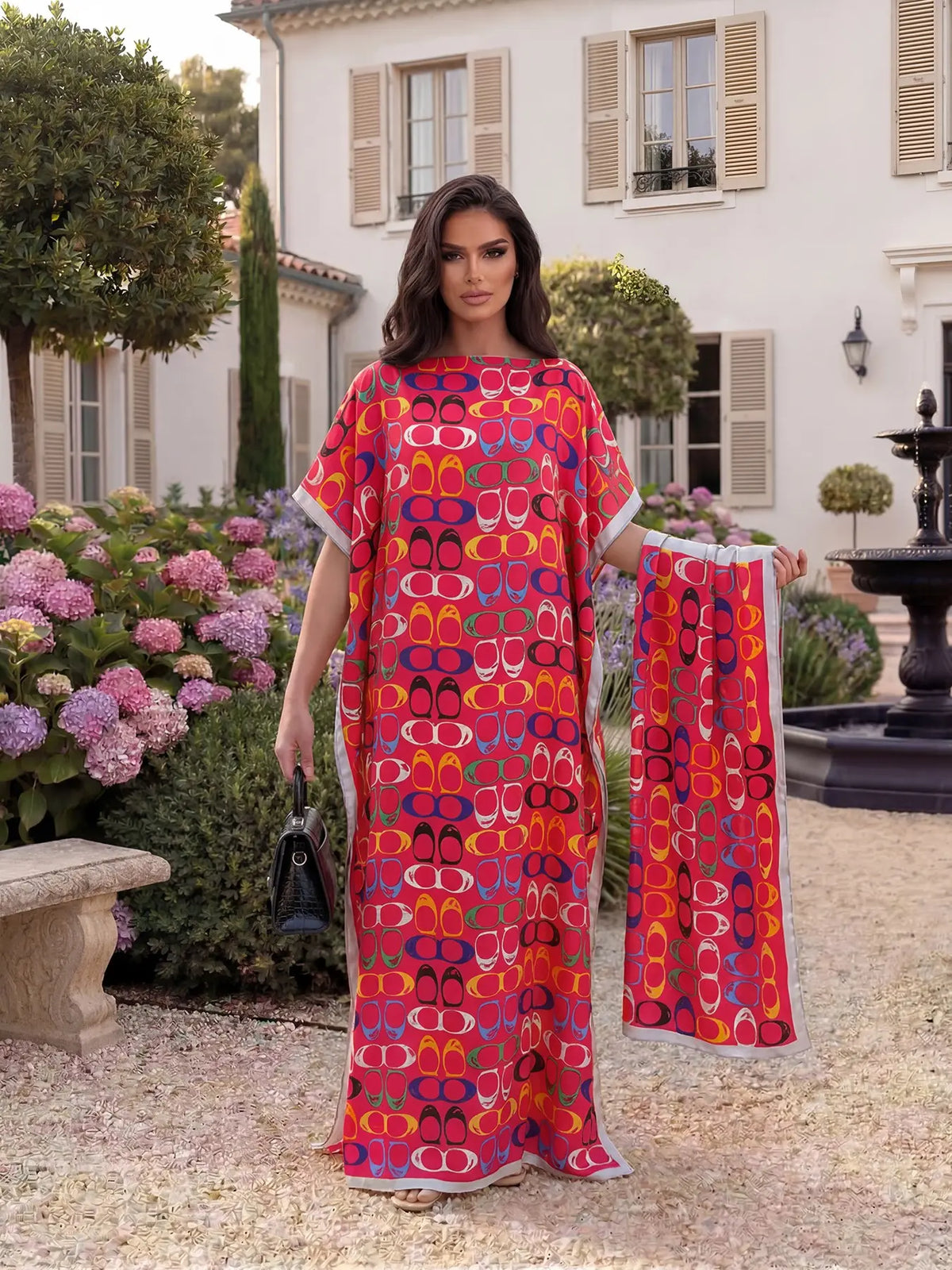 Women's Elegant Chic Geometric Print Robe Set, Casual Fitted Long Dress & Scarf, Beach Resort Wear Sun Protection Satin Matching Set Shawl