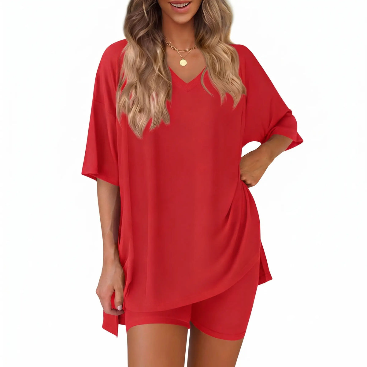 Women's 2 Piece Outfits Summer V Neck Oversized Short Sleeve T Shirt and Biker Shorts Lounge Sets Casual Activewear Tracksuits