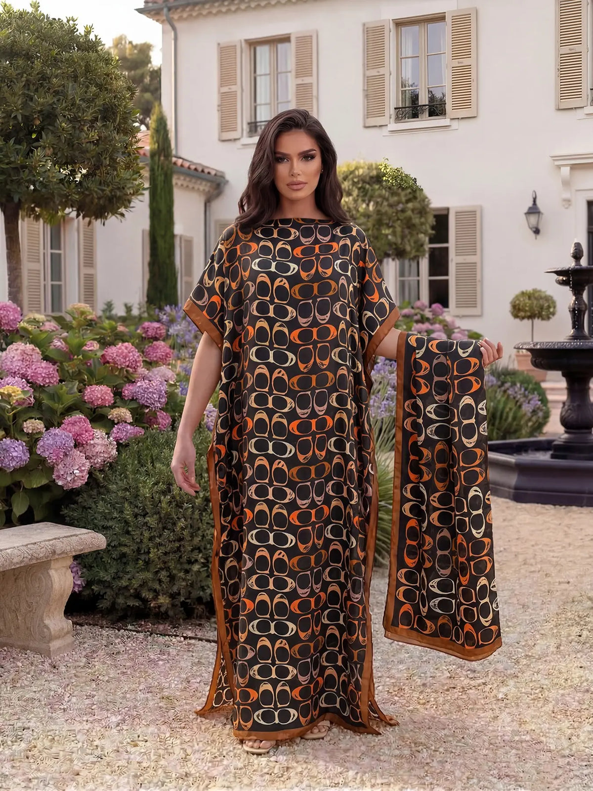 Women's Elegant Chic Geometric Print Robe Set, Casual Fitted Long Dress & Scarf, Beach Resort Wear Sun Protection Satin Matching Set Shawl