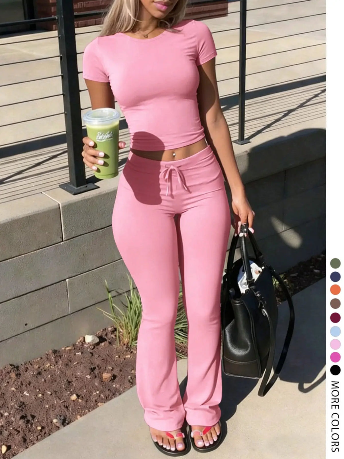Lw-Sherowear Women's Casual Solid-Color Round-Neck Short-Sleeve T-Shirt & Drawstring Pants Set, Summer Homewear, Daily Wear Set