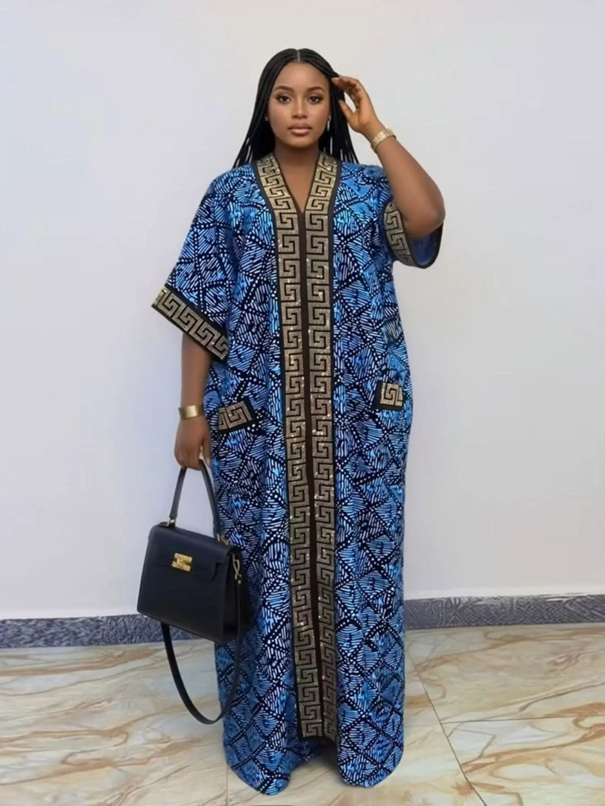 Plus Size African-Style Kaftan Dress for Women, Geometric Print Ethnic Loose V-Neck Boubou with Pockets for Casual Boho Chic Party Wear, Comfortable and Stylish, Bohemian Dress, Boho Dresses