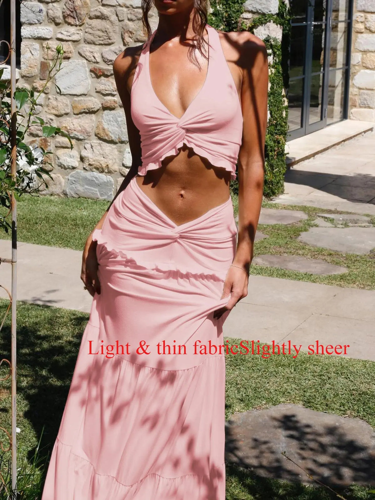 Women's Solid Halter Neck Sleeveless Crop Top & Long Skirt Two-piece Set, Summer Sets, Casual Fashion Cozy Two Piece Outfits for Daily Outdoor Wear, Ladies Clothes for Summer, Womenswear