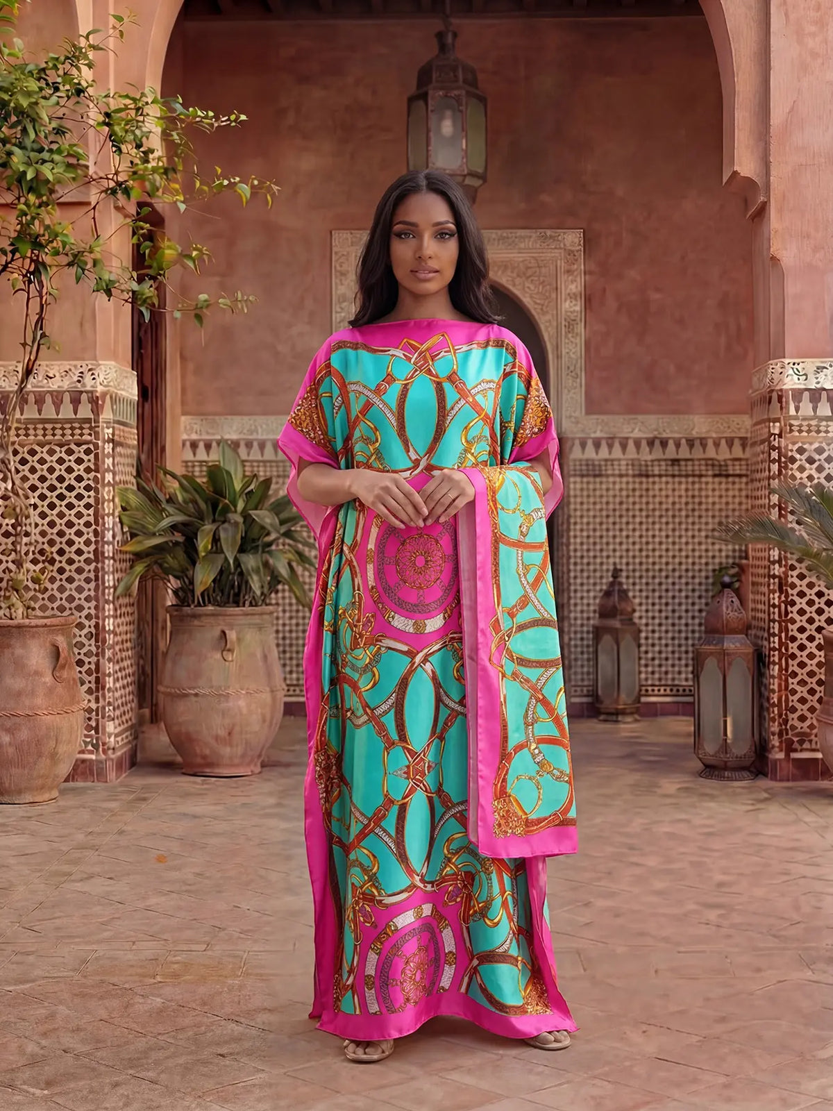 Elegant Dopamine Color Set, Boho Summer Chain Print Muumuu Long Dress Robe, Women's Sun Protection Satin Scarf Shawl
