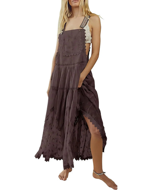 CHOUYATOU Women's Bib Pinafore Jumper, Vintage Style with Embroidered Lace and Mesh Tulle Hem, Loose Fit Ankle-Length with Adjustable Straps, Polyester, Breathable, Lightweight, Casual Wear, Flared, Fabric, Pocket, Basic, Bohemian, Beachwear, Fashion Appa