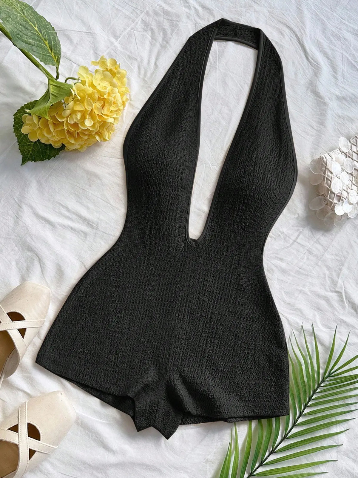 Women's New Fashion Comfortable Versatile Casual Deep V Neck Halter Striped Knit Chic Romper Vest Jumpsuit Shorts Set, Stylish All-Season Wear, Womenswear