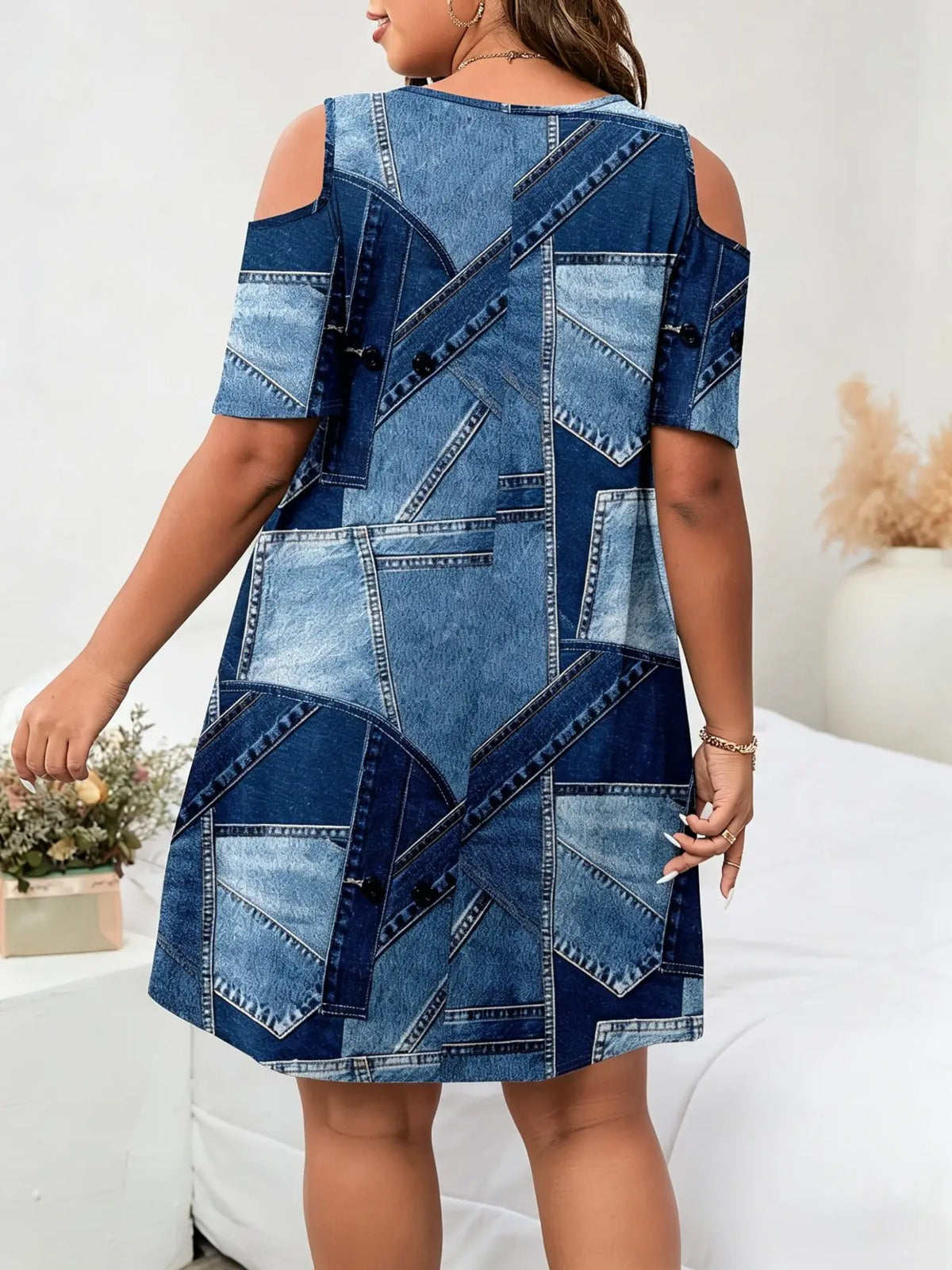 Plus Size Women's Leopard & Heart Pattern Round Neck Cold Shoulder Short Sleeve Loose Dress, Boho Style Dresses, Boho Sundresses, Womenswear, Fashion Casual Wear for Summer