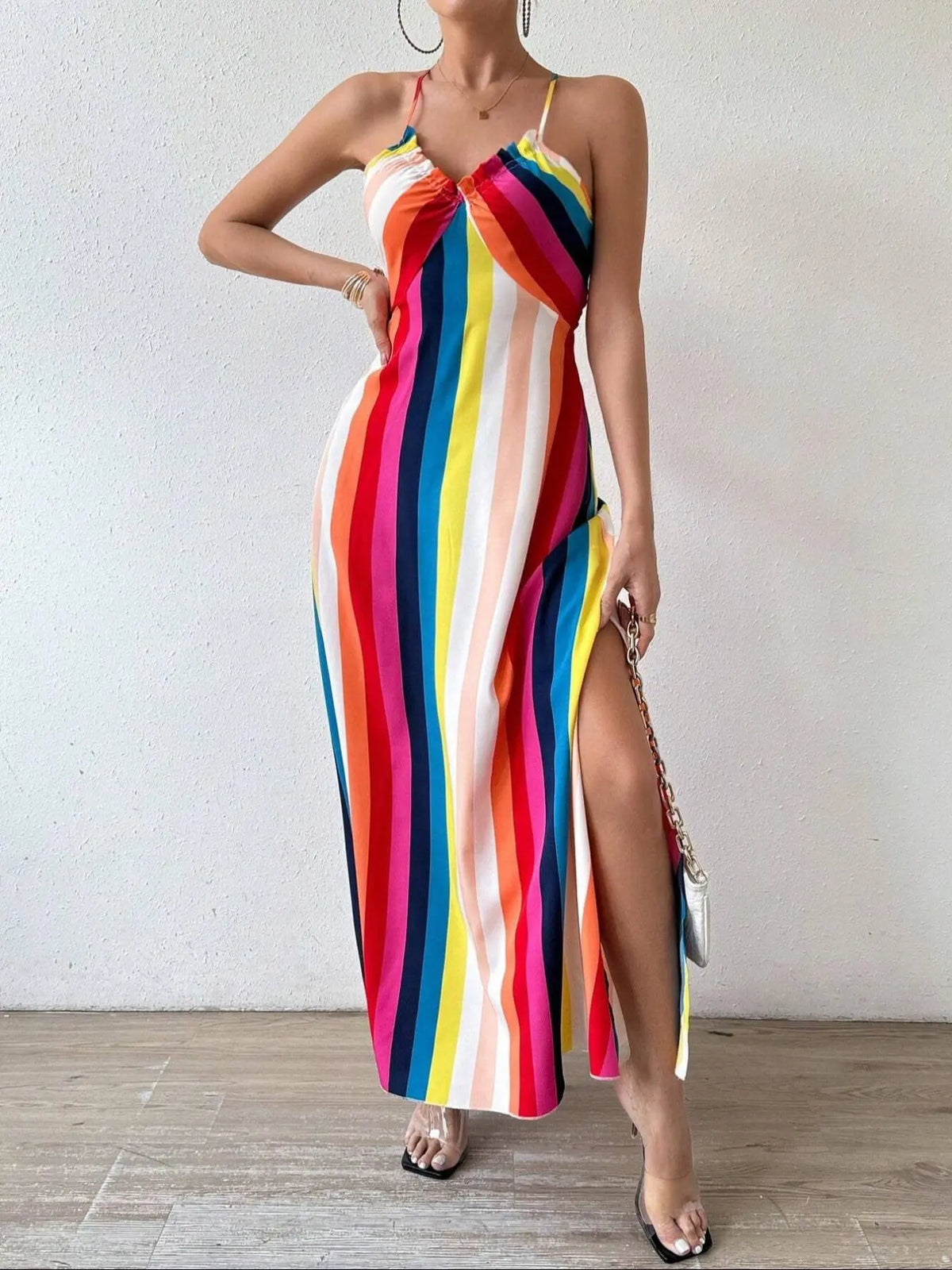 Women's Printed Split Long Sleeveless Dress, Classic Stripe Design, Backless Criss Cross Strap, Spring Summer Fall Wear, Casual Boho Elegant Bohemian Style Womenswear, Boho Summer Dresses