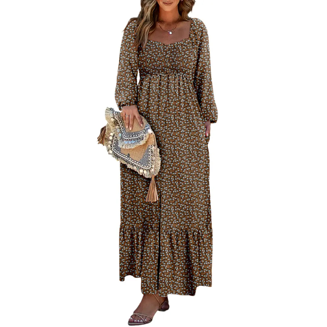 Dokotoo Womens Dresses Boho Floral Smocked Empire Waist Square Neck Long Sleeve Button Maxi Dress Beach Vacation Sundresses