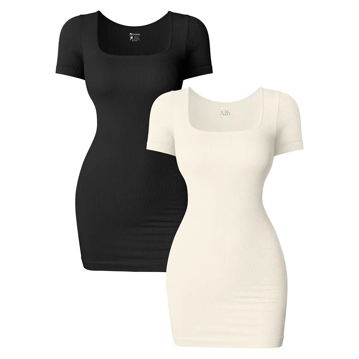 OQQfitness Women's Basic Bodycon Stretch Mini Dress - Stretchy Fitted Rib Knitting Square Neck Short-Sleeve, Soft Nylon, Non-See-Through, Minimalist Casual Summer Clothes for Women, Business Wear