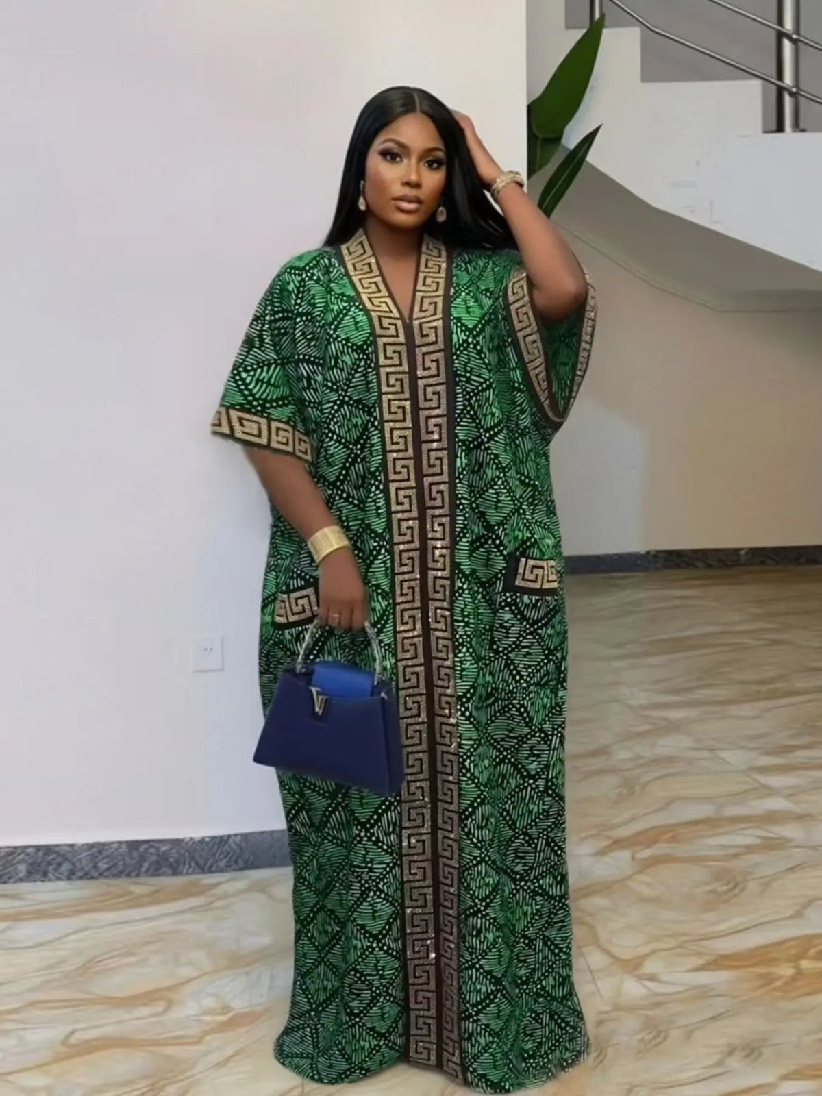 Plus Size African-Style Kaftan Dress for Women, Geometric Print Ethnic Loose V-Neck Boubou with Pockets for Casual Boho Chic Party Wear, Comfortable and Stylish, Bohemian Dress, Boho Dresses