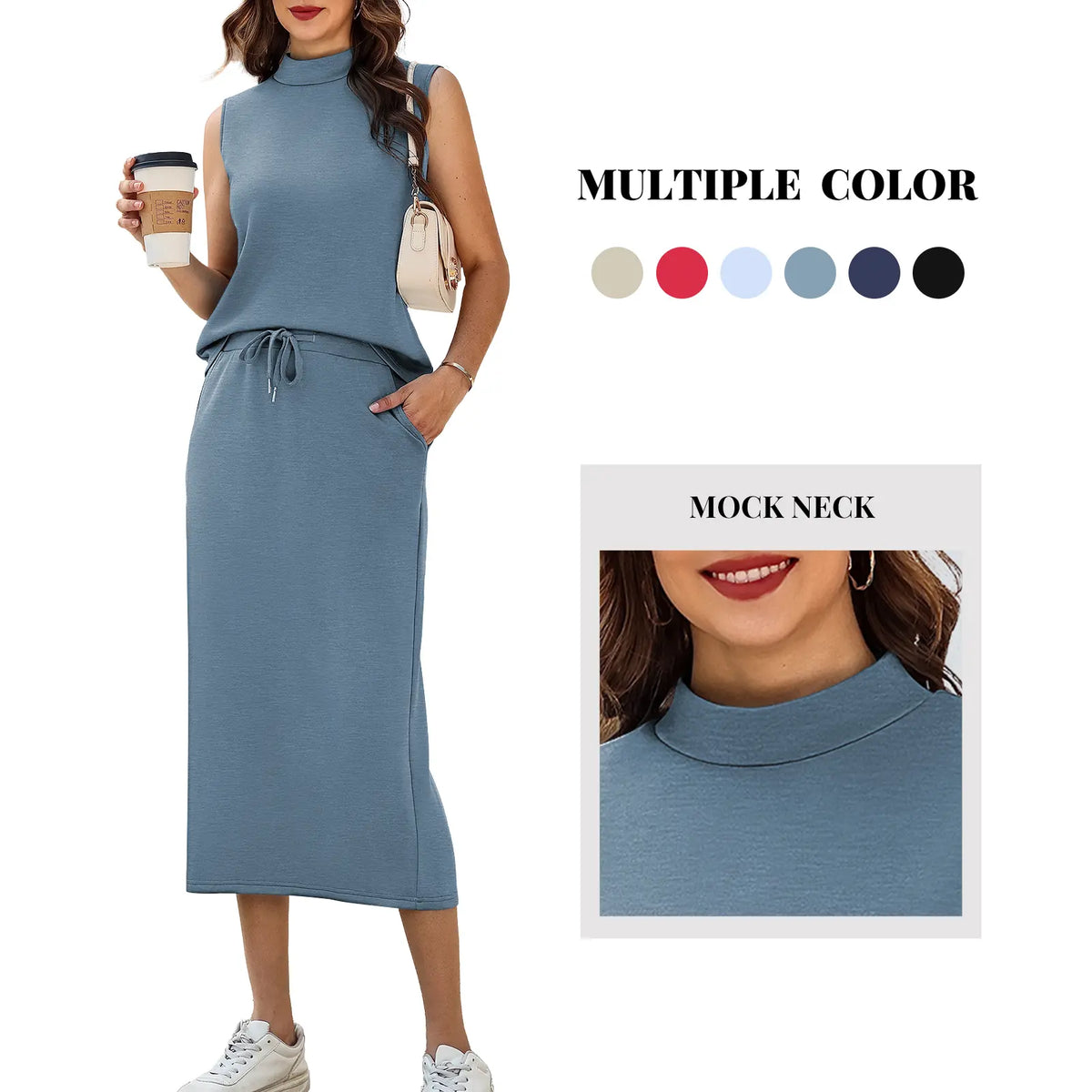 Casly Lamiit Women's 2-Piece Fitted Soft Fabric Crew Neck Cap Sleeve Top & Drawstring Midi Skirt Set with Pockets - No Bulky Feel, Summer Day Lounge Basics Outfits