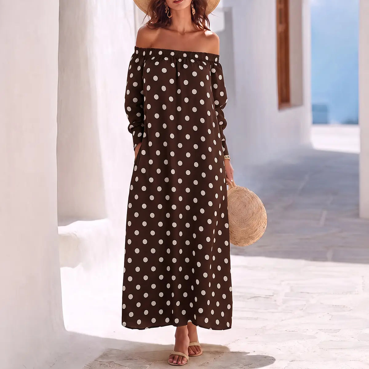 Florboom Women's Off Shoulder  Polka Dot Maxi Dress, Summer Causual Dress with Pockets for Vacation, Parties, and Beach,Summervibes Womenswear