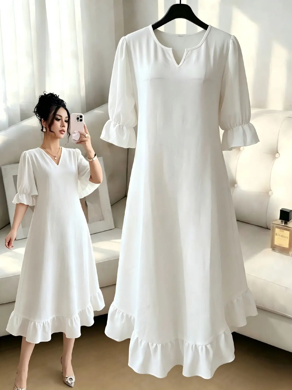 Boho-Style Bohemian Round-Neck Ruffle Three-Quarter-Sleeve Dress, Loose-Fit A-Line Midi Dress, Perfect for Summer Vacation, Chic, Comfortable and Stylish, Boho Style Dresses