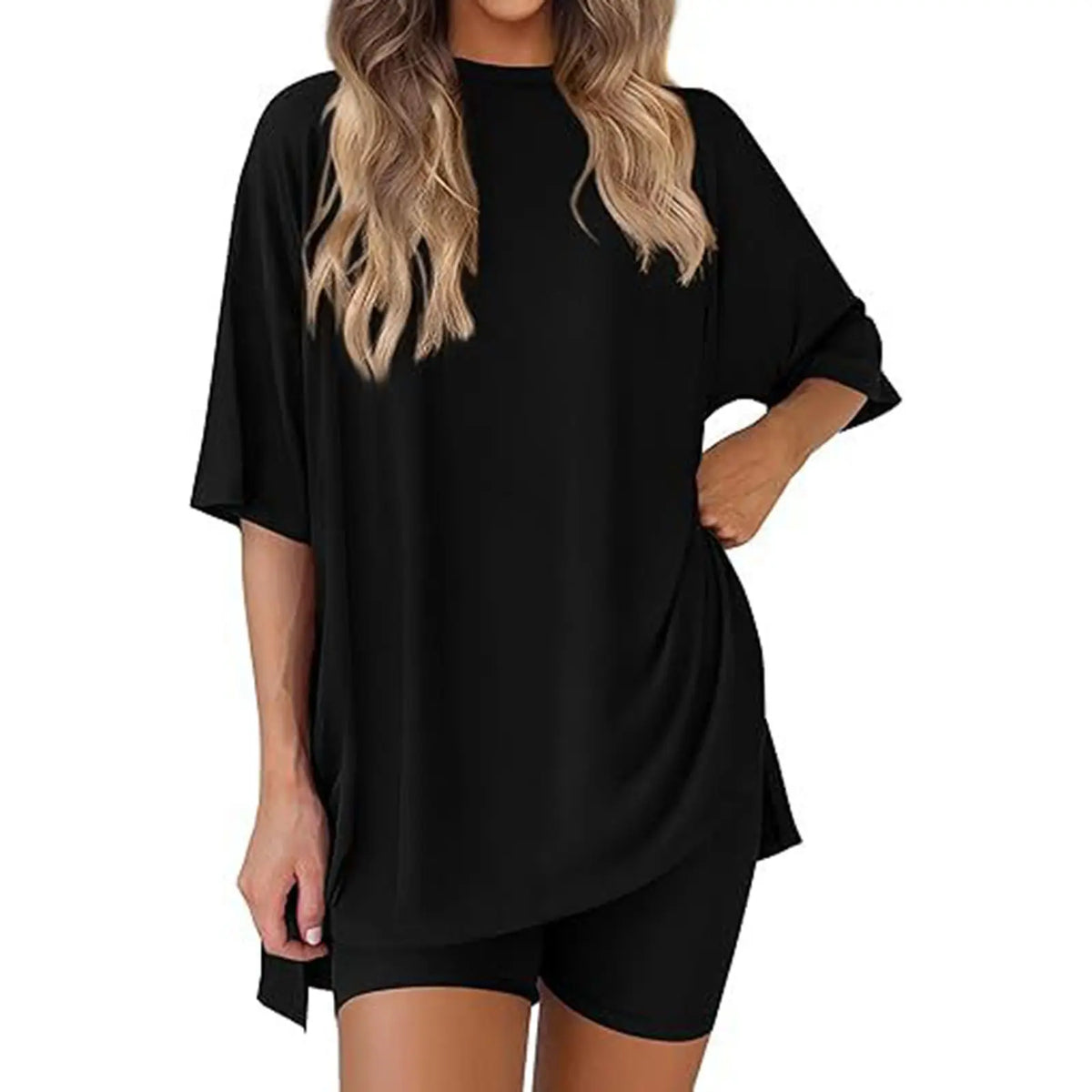 Women's 2-Piece Pajama Set, Loose-Fit Short Sleeve Crew Neck Top and Fitted Biker Shorts, Solid Color Polyester Spandex Loungewear