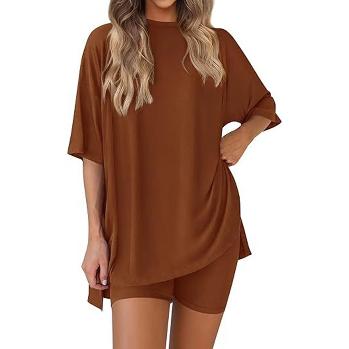 Women's 2-Piece Pajama Set, Loose-Fit Short Sleeve Crew Neck Top and Fitted Biker Shorts, Solid Color Polyester Spandex Loungewear