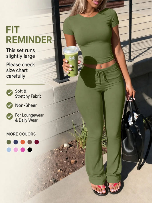 Lw-Sherowear Women's Casual Solid-Color Round-Neck Short-Sleeve T-Shirt & Drawstring Pants Set, Summer Homewear, Daily Wear Set