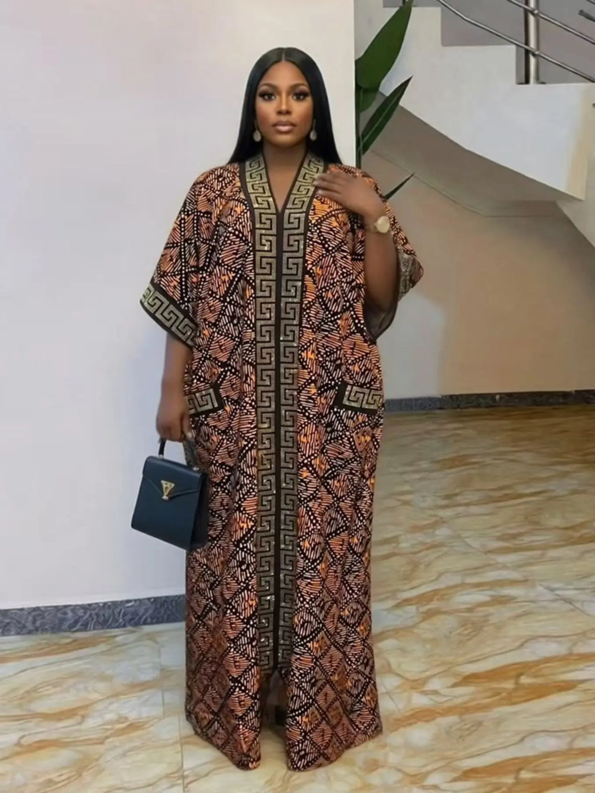 Plus Size African-Style Kaftan Dress for Women, Geometric Print Ethnic Loose V-Neck Boubou with Pockets for Casual Boho Chic Party Wear, Comfortable and Stylish, Bohemian Dress, Boho Dresses