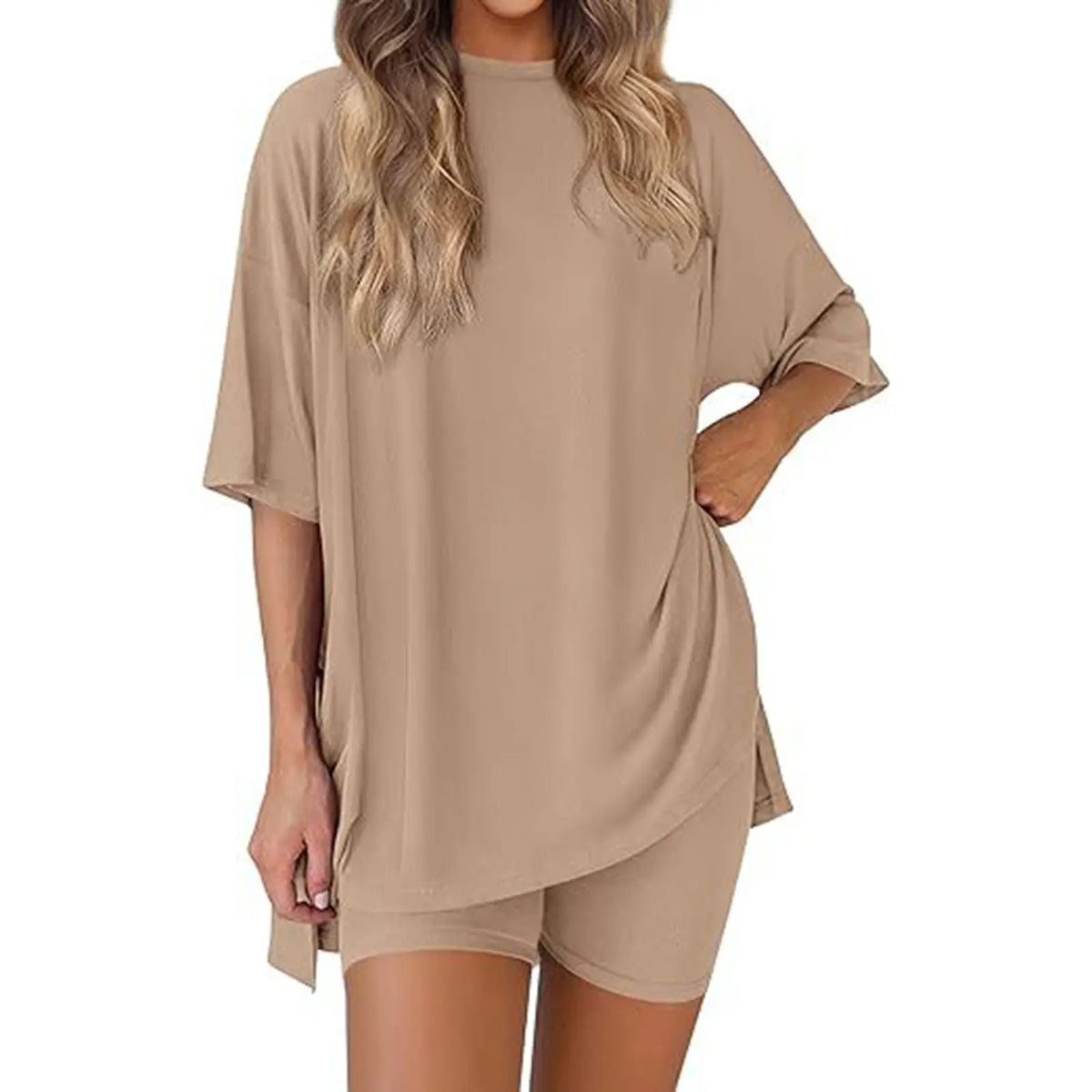 Women's 2-Piece Pajama Set, Loose-Fit Short Sleeve Crew Neck Top and Fitted Biker Shorts, Solid Color Polyester Spandex Loungewear