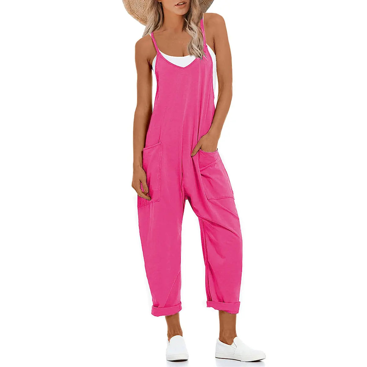 Tanming Lady's Casual Strappy V-Neck Sleeveless Harem Overalls - Stretchy Adjustable Strap Romper with Pockets, Fashion Apparel Clothing for Women, Spring-Summer Statements, Women's Clothes, Clothes For Women