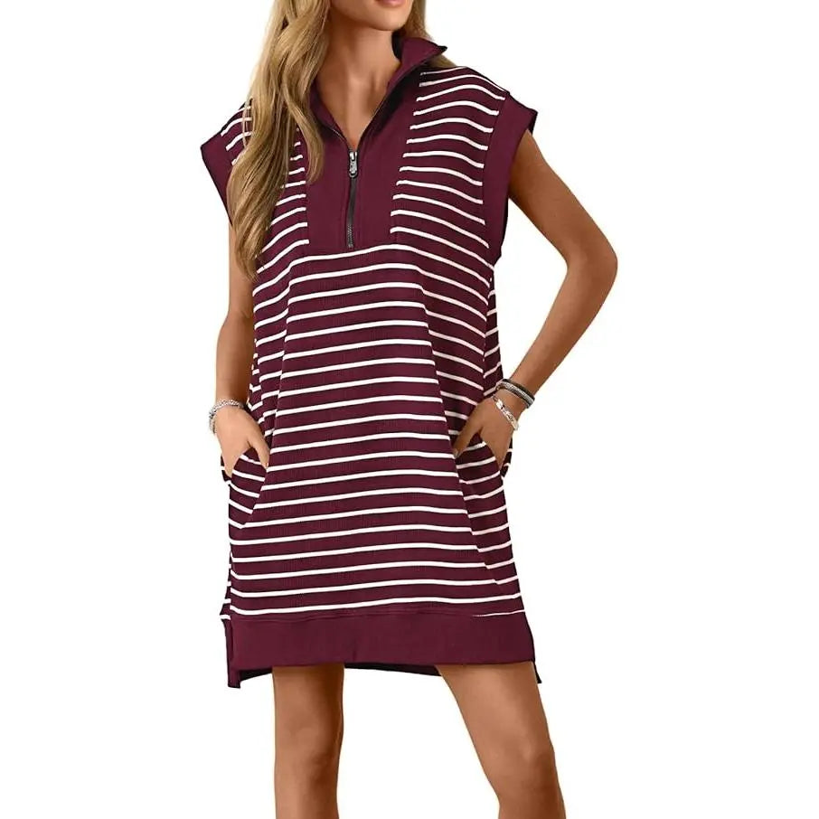 Wenrine Women's Striped Knit Mini Dress - Collared V-Neck, Cap Sleeve, Loose Fit, Zipper Detail, Summer Lady Clothing, Formal & Casual Wear, Do Not Dry Clean